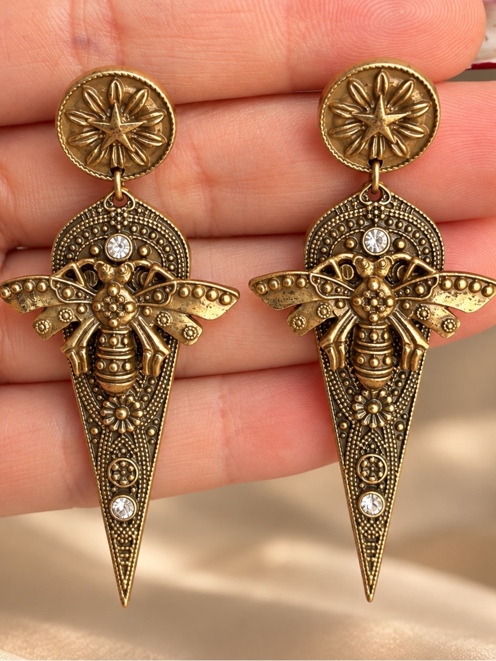 Vintage Gold Bee Drop Statement Earrings - Picture 4 of 4